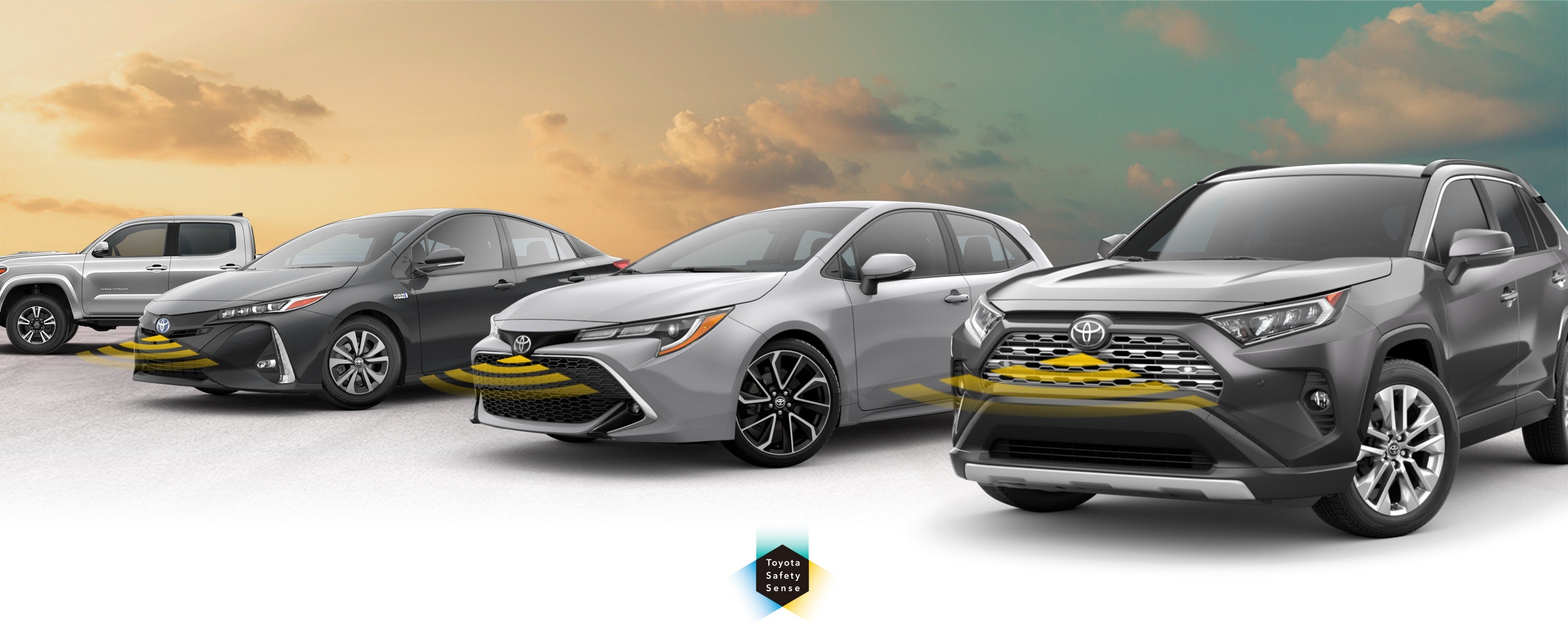 Toyota Safety Sense: Designed for Safety. Options shown on Toyota models including RAV4, Tacoma, and Camry, available now at Fitzgerald Toyota Gaithersburg in Gaithersburg MD.