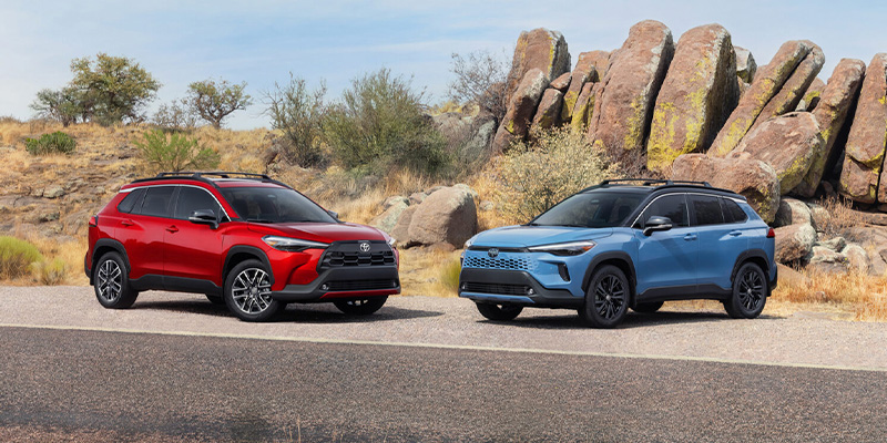 Two compact SUVs parked on a scenic desert road—one red and one blue—with rocky hills and dry vegetation in the background.
