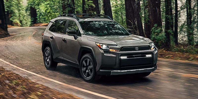 Gray Toyota RAV4 driving along a winding forest road surrounded by tall trees.